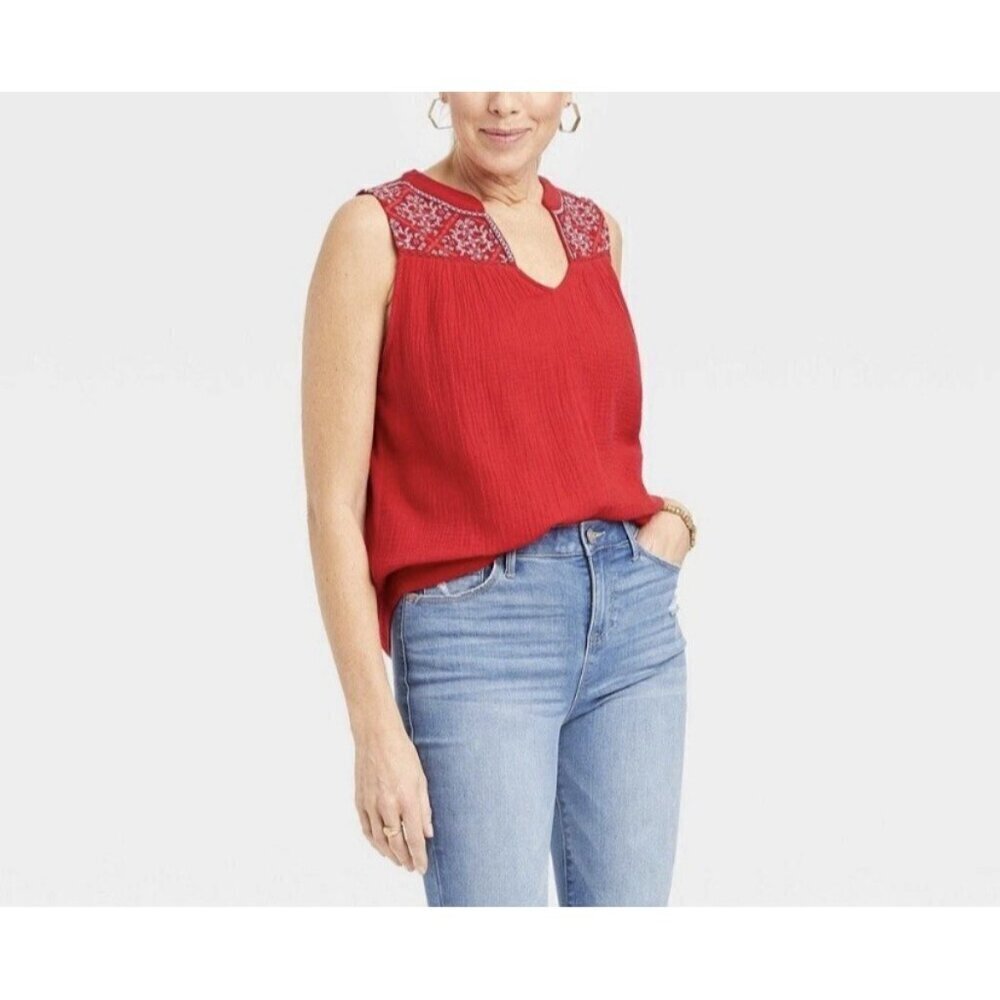 Knox Rose Top Womens 2X Rebel Red Embroidered Gauzy Sleeveless Top Boho Beachy
